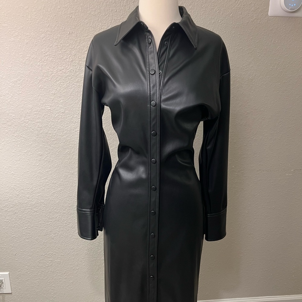 Faux leather midi dress/long thin coat black